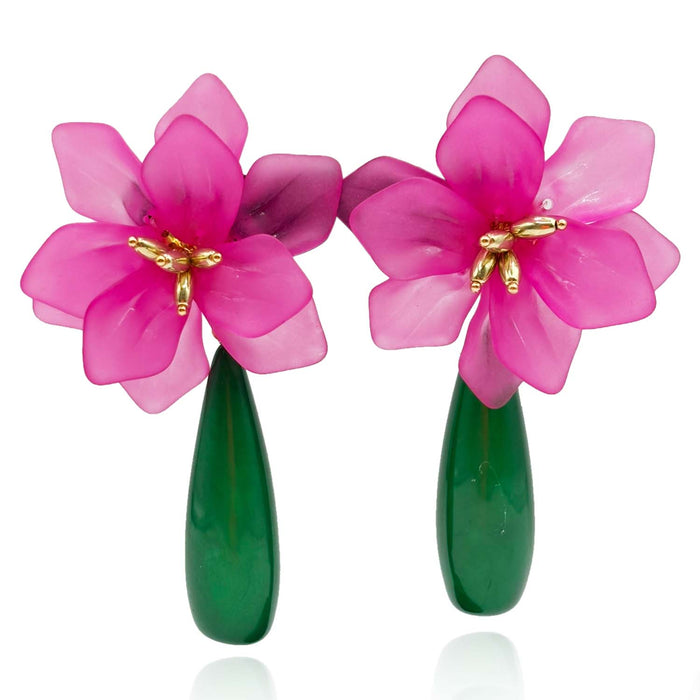 Fuschia Resin Floral Clip On Earring With Green Drop