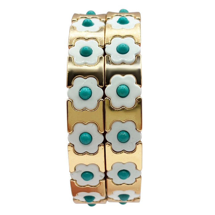 Turquoise, White, And Gold Enamel Two-Strand Elasticized Bracelets