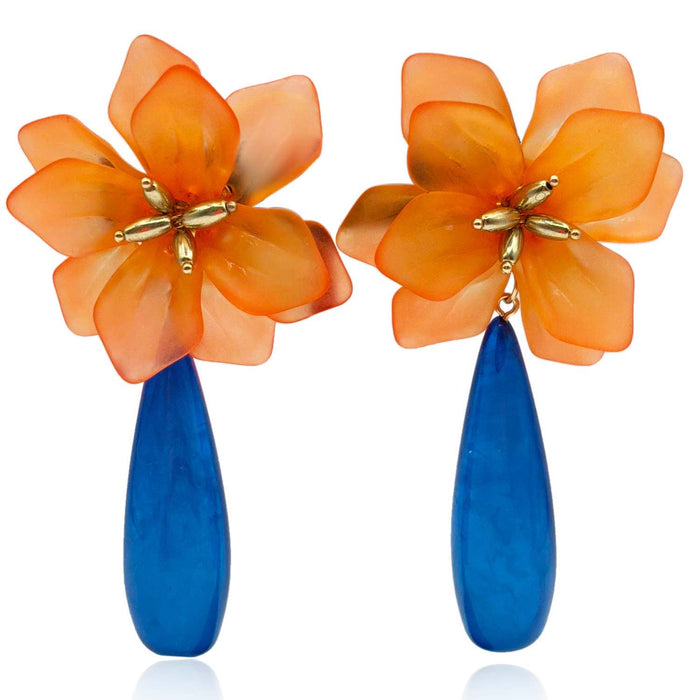 Orange Resin Floral Clip On Earring With Blue Drop