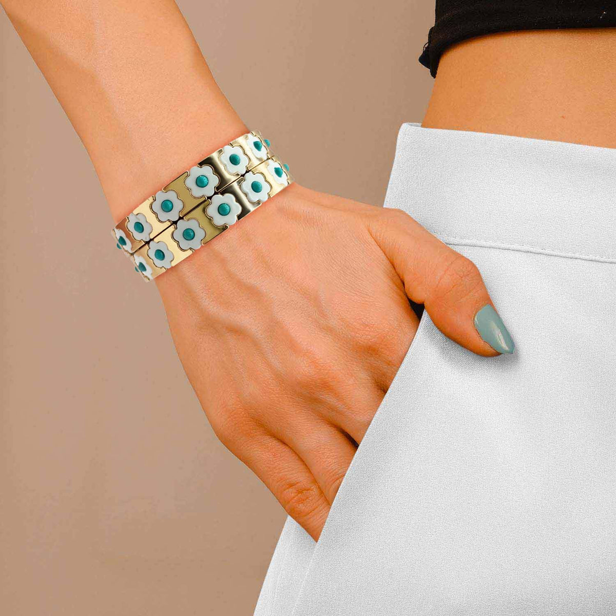 Turquoise, White, And Gold Enamel Two-Strand Elasticized Bracelets