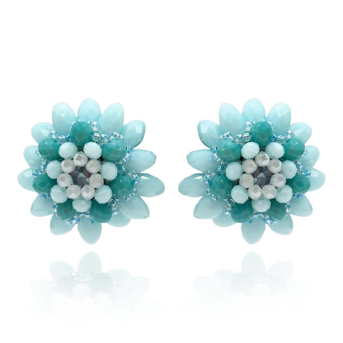 Light Blue Button Faceted Glass Bead Clip On Earring