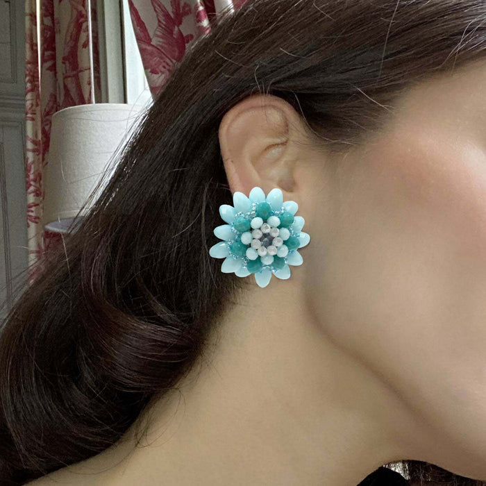 Light Blue Button Faceted Glass Bead Clip On Earring