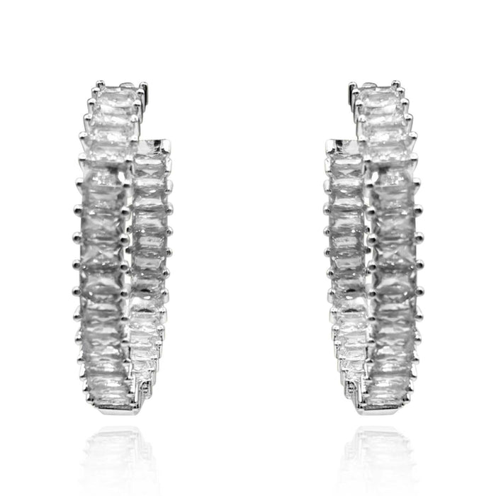 Large Rhodium Plated Baguette Hoop Earrings