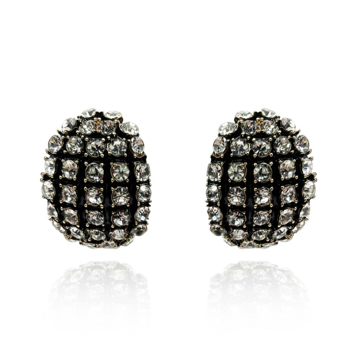 Elsa Black Enamel and Crystal Scalloped Button Clip Earrings