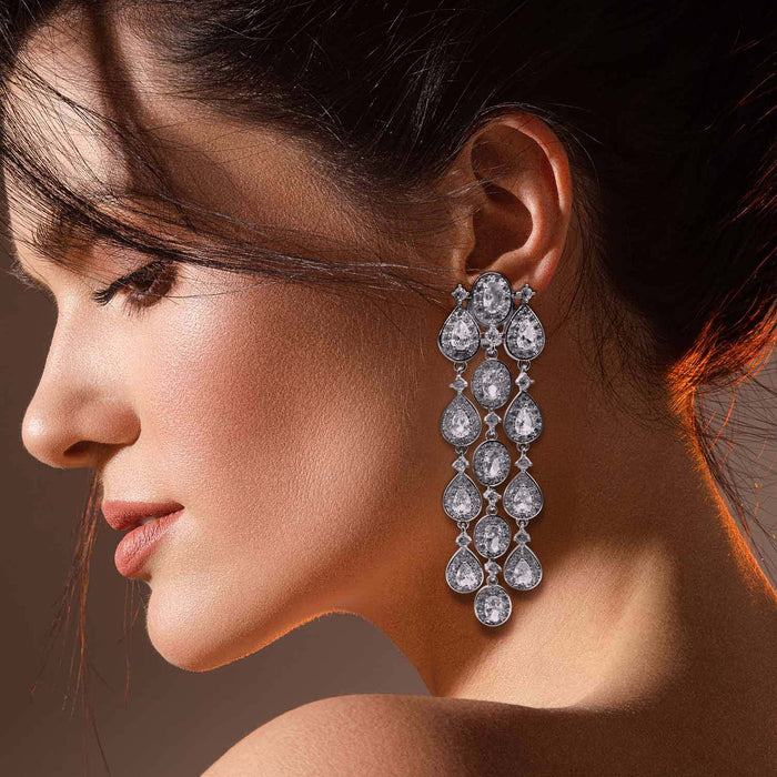 Multi Shape Crystal Drop Clip On Earrings Set In Rhodium