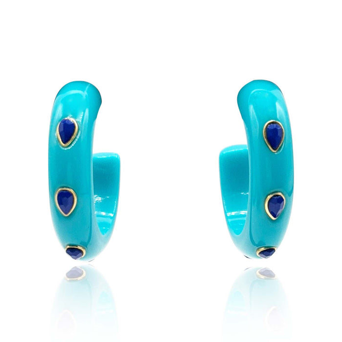 Turquoise Resin Hoop Earrings With Faceted Lapis Glass Pear Stones