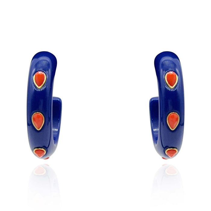 Navy Resin Hoop Earrings With Faceted Coral Glass Pear Stones