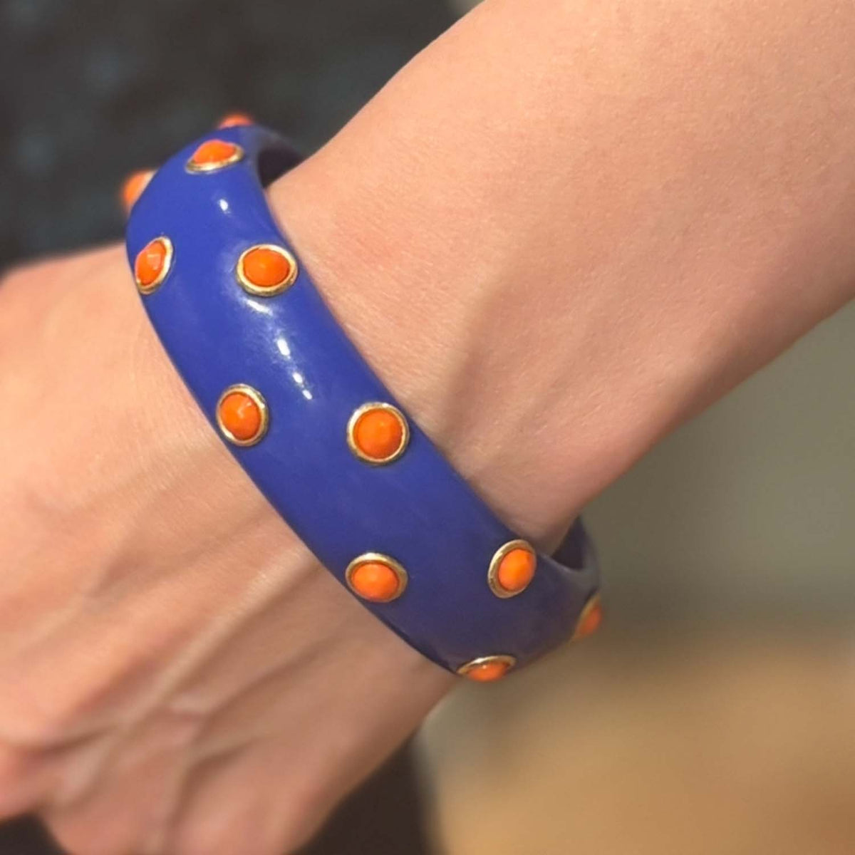 Navy Resin Bangle With Coral Glass Stones In Gold-Plated Brass Settings