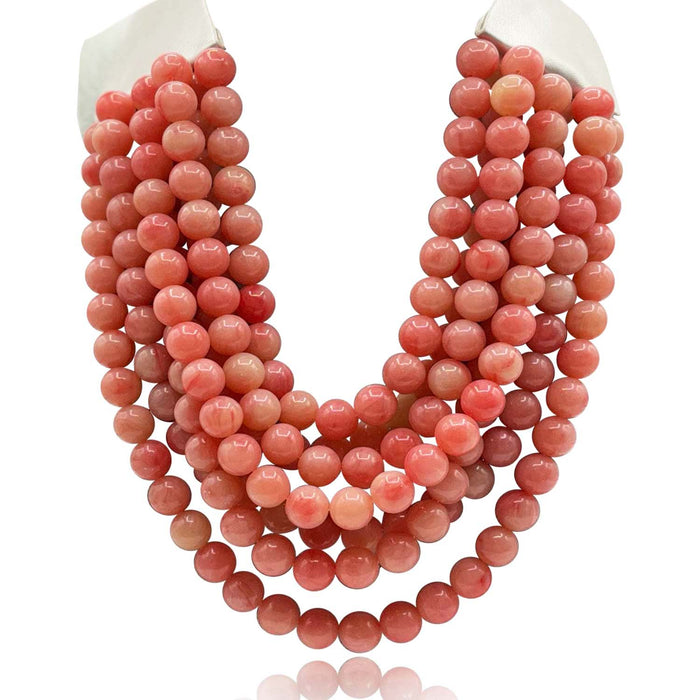 Multi-Strand Coral Resin Bead Necklace With Ivory Vegan Leather Adjustable Clasp