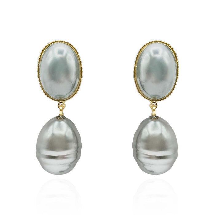 EMMA BAROQUE GREY GLASS PEARL DROP CLIP EARRINGS