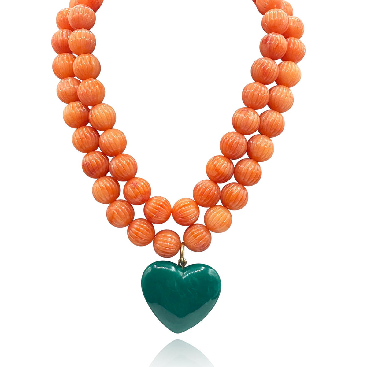 Amour Carved Coral Resin Bead With Jade Green Resin Heart Pendant
