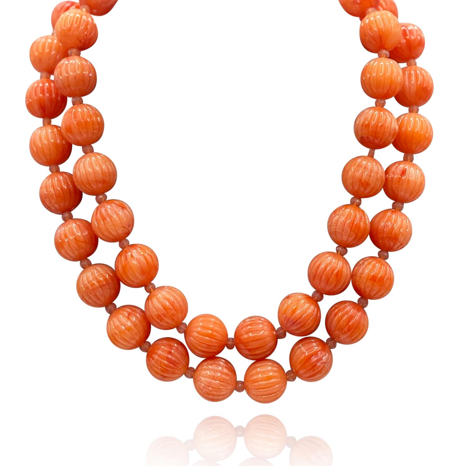 Vicenza Coral Resin Carved Seventeen And One Half Inches Melon Bead Necklace