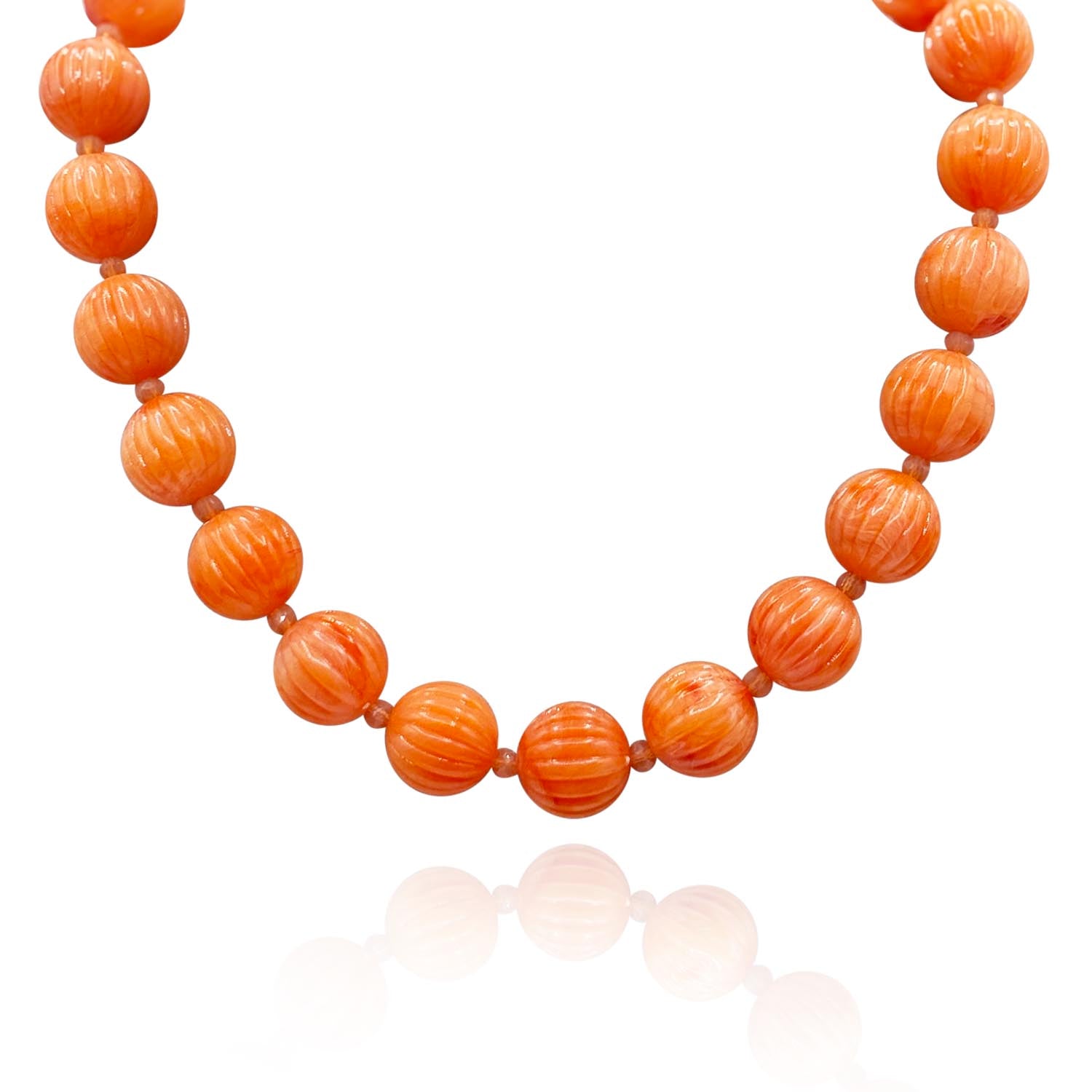 Vicenza Coral Resin Carved Seventeen And One Half Inches Melon Bead Necklace