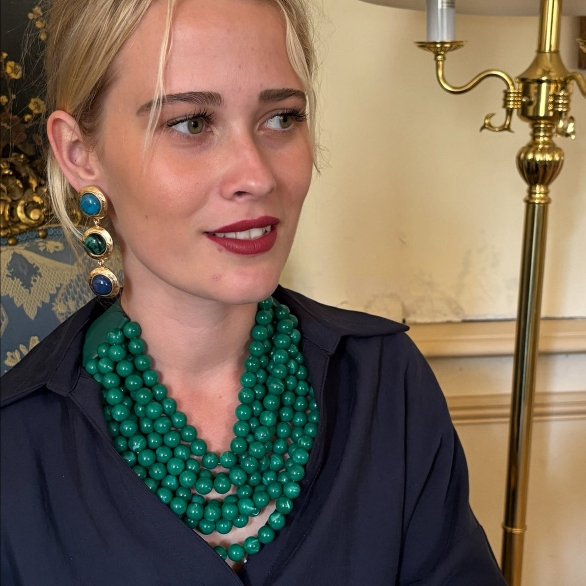 Flora Three Stone Turquoise And Malachite Resin Pierced Earrings