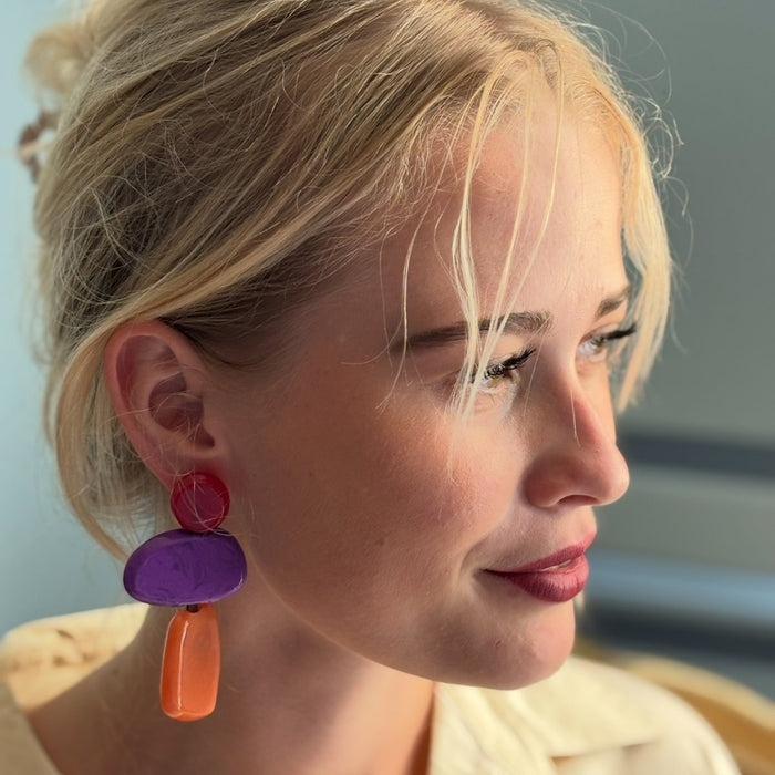 Puzzle Resin Red, Purple, Amber Multi Triple Drop Earrings