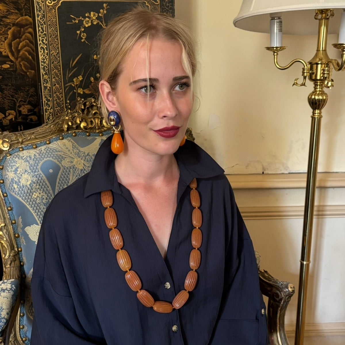 Renata Large Amber Resin Carved Bead Necklace