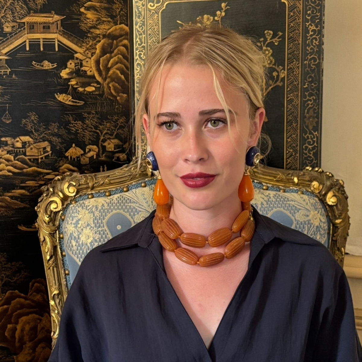 Renata Large Amber Resin Carved Bead Necklace