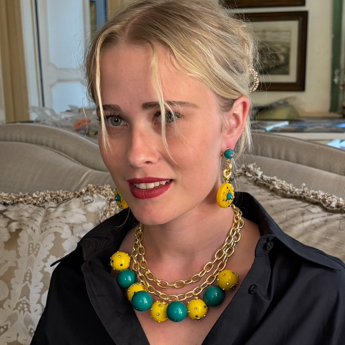 Valentina Jade And Amber Resin Studded Pierced Earrings