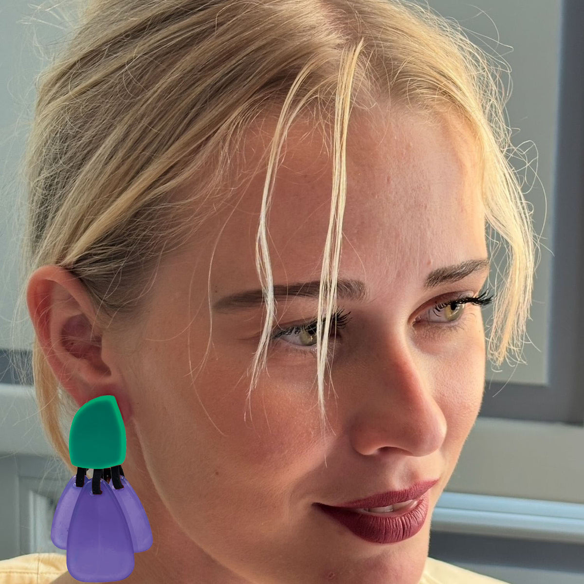 Patrizia Green Resin Pierced Top Earrings With Amethst Resin Drops