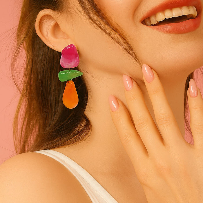 Rockstar Fusschia and Green and Orange Resin Drop Earrings