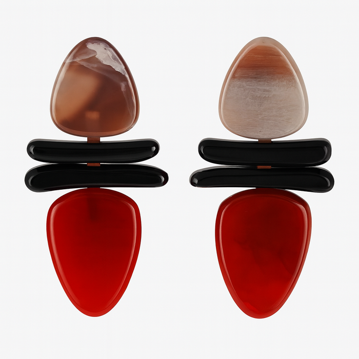 LUISA BONE AND BLACK AND RED CARNELIAN DROP RESIN EARRINGS
