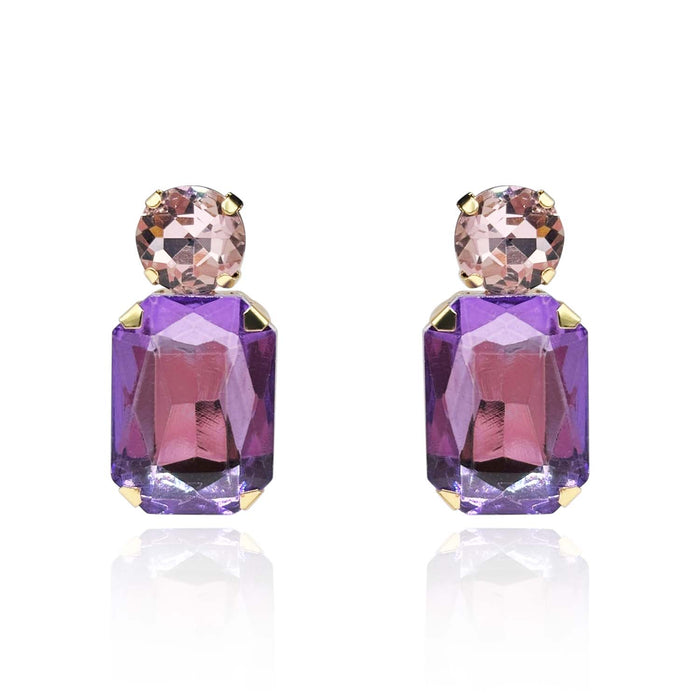 Light Amethyst Crystal Ocatgon And Light Rose Round Stone Drop Earrings