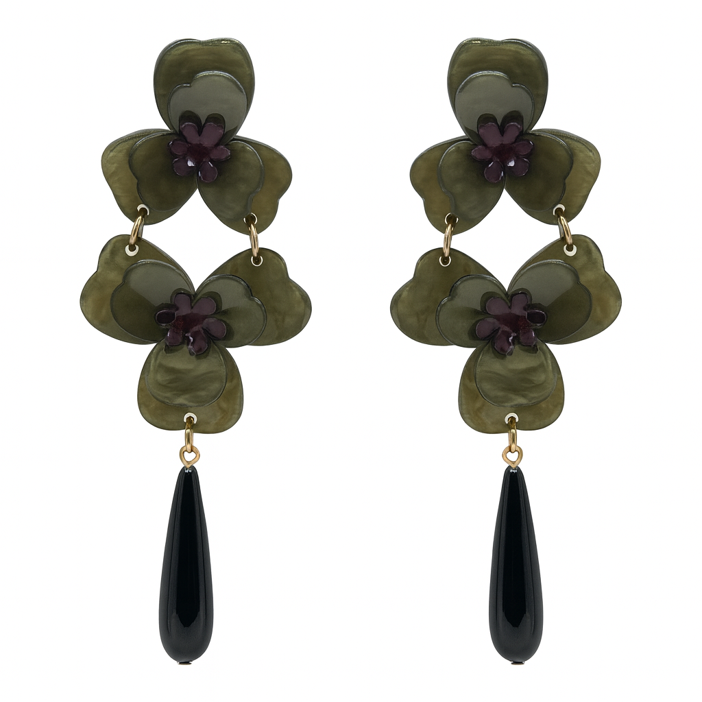 BETH OLIVE DOUBLE FLORAL RESIN DROP EARRINGS