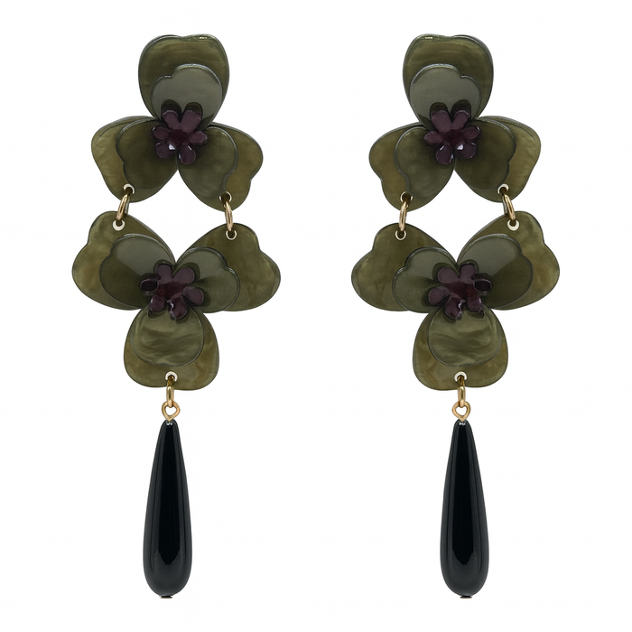 BETH OLIVE DOUBLE FLORAL RESIN DROP EARRINGS