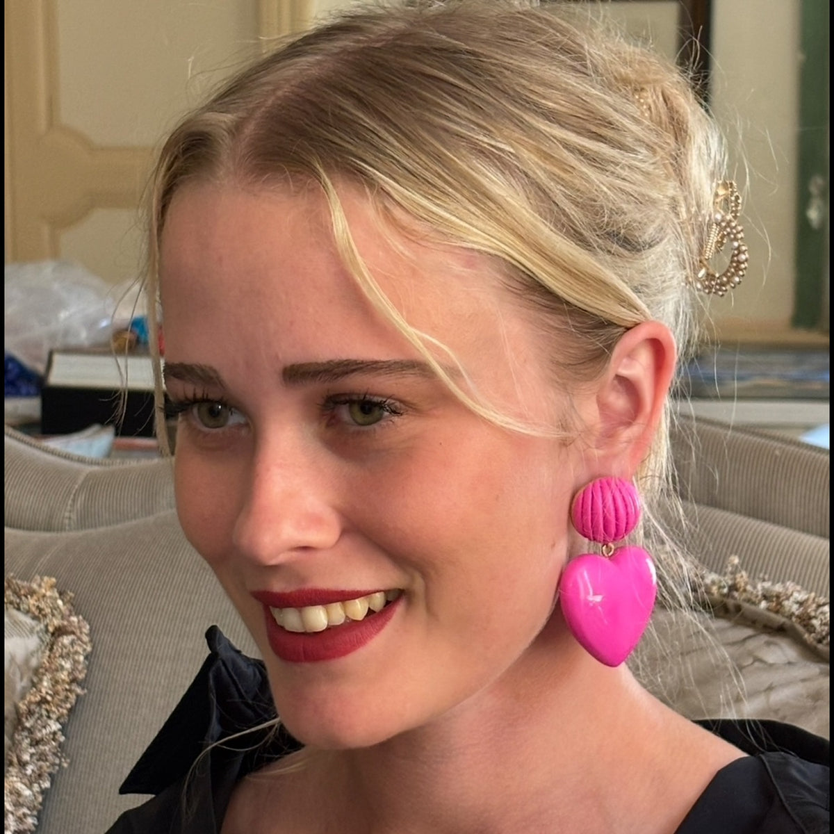 Amour Carved Fuschia Resin Pierced Heart Drop Earrings