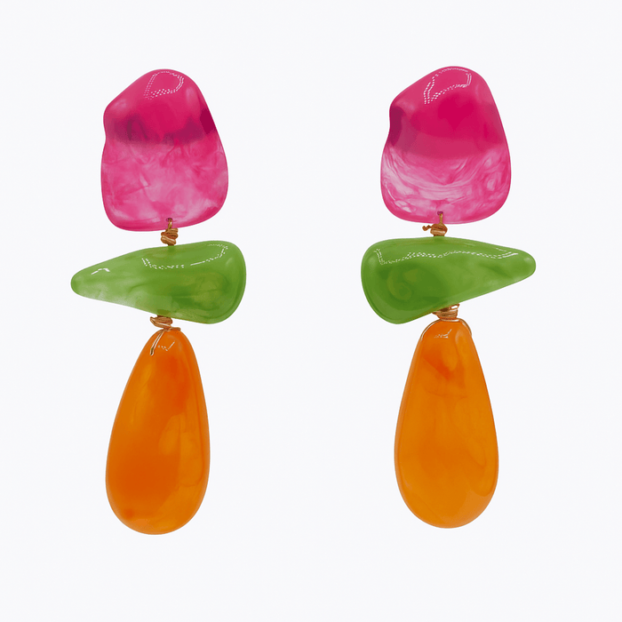 Rockstar Fusschia and Green and Orange Resin Drop Earrings