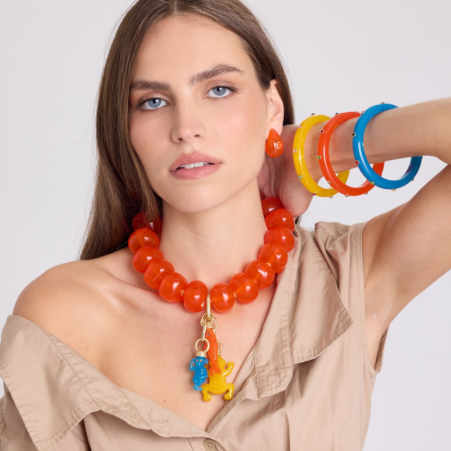 Kristen Orange Studded Resin And Stone Bangle