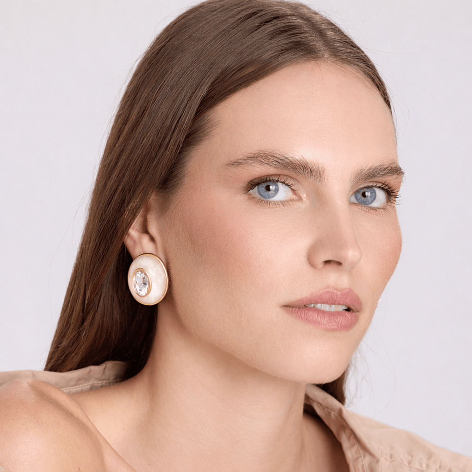 Stephanie Mother Of Pearl Resin Clip Earring With Crystal Glass Stone