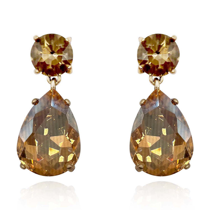 Large Pear-Faceted Champagne Crystal Drop Earrings In Brass With Gold Plating