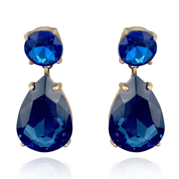 Large Pear-Faceted Sapphire Crystal Drop Earrings In Brass With Gold Plating