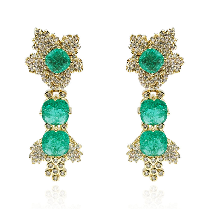 Gold Plated Clip On Drop Earrings With Emerald And Crystal