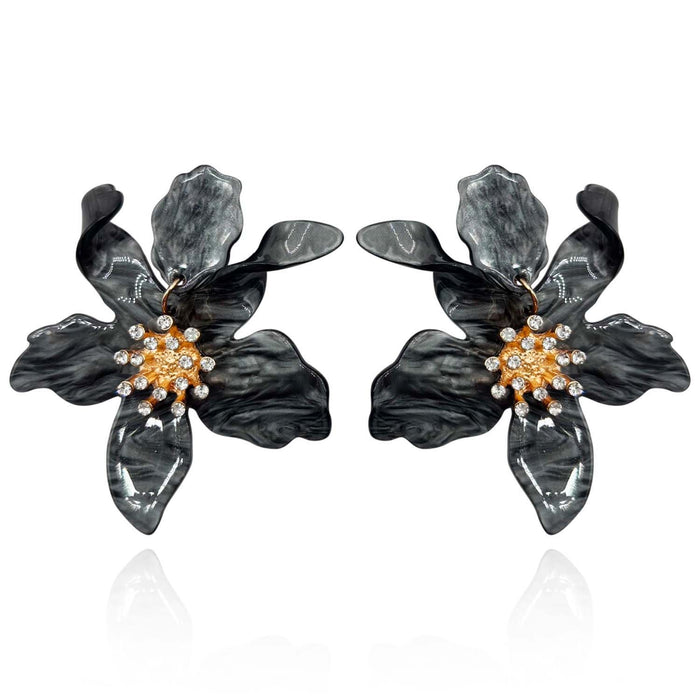 Hematite Colored Floral Resin Drop Earrings