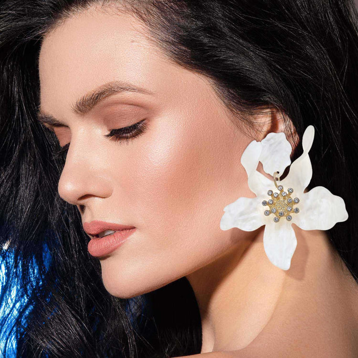 White Floral Resin Drop Earrings
