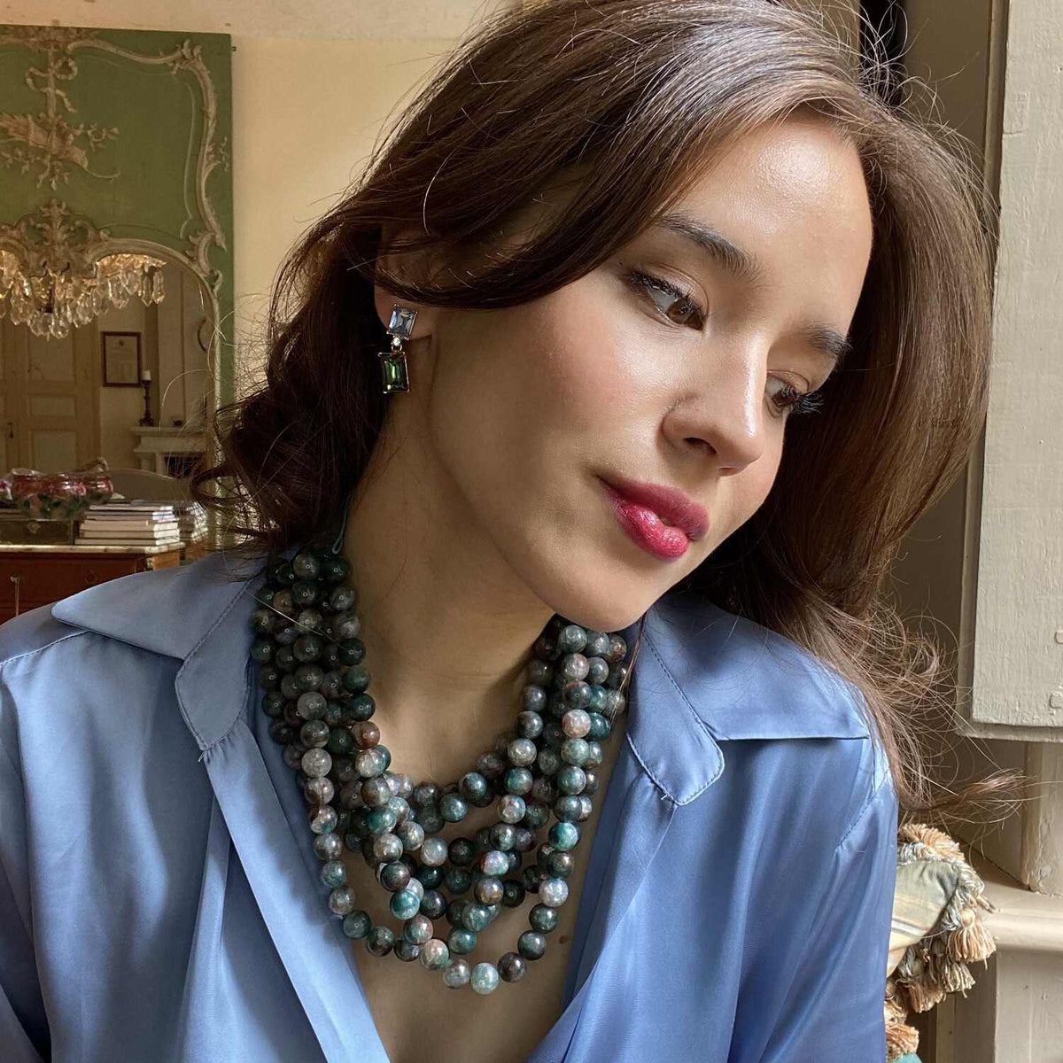 Liliana Multi-Strand Green Onyx Resin Necklace With Vegan Adjustable Clasp