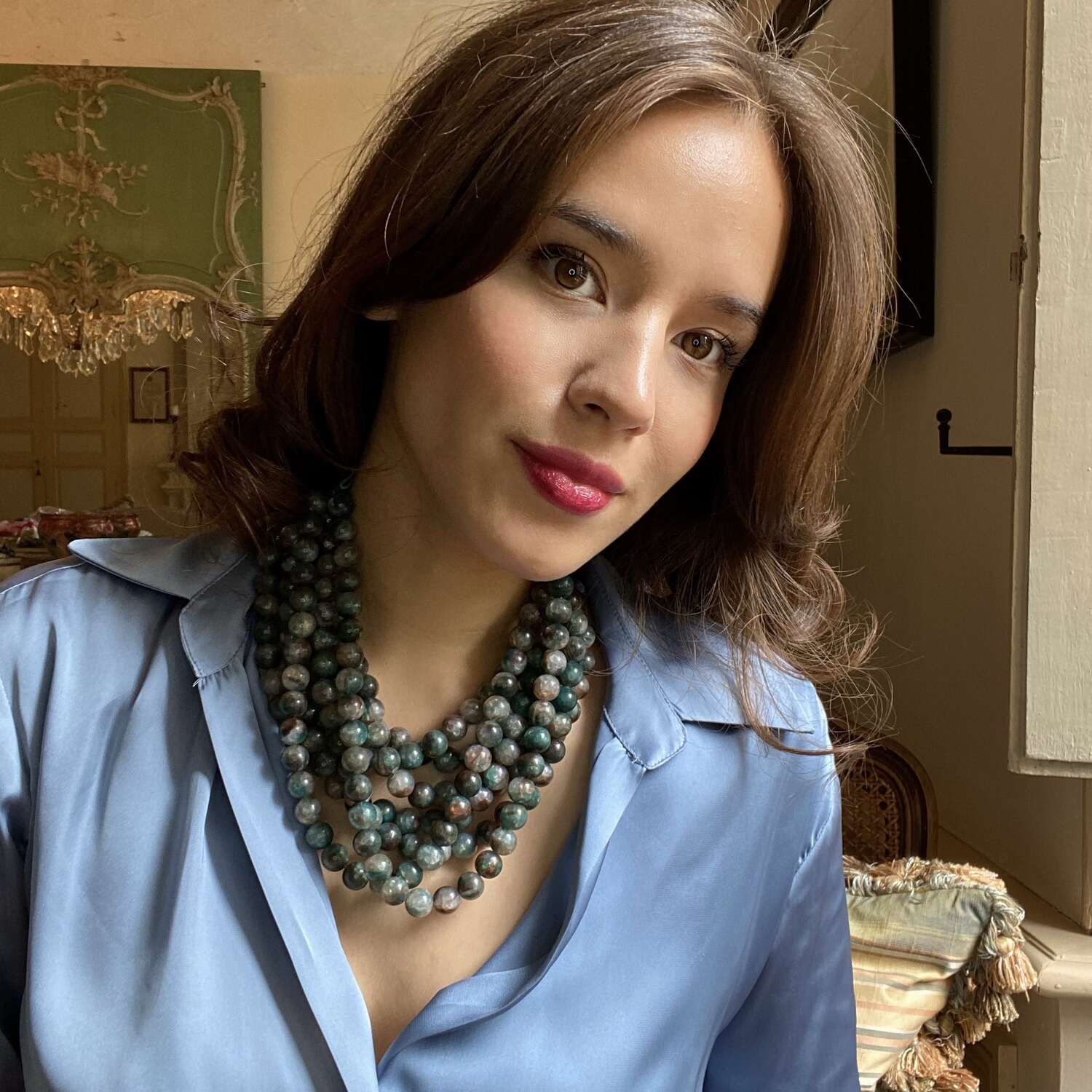 Isadora Multi-Strand Green Onyx Resin Necklace With Vegan Adjustable Clasp