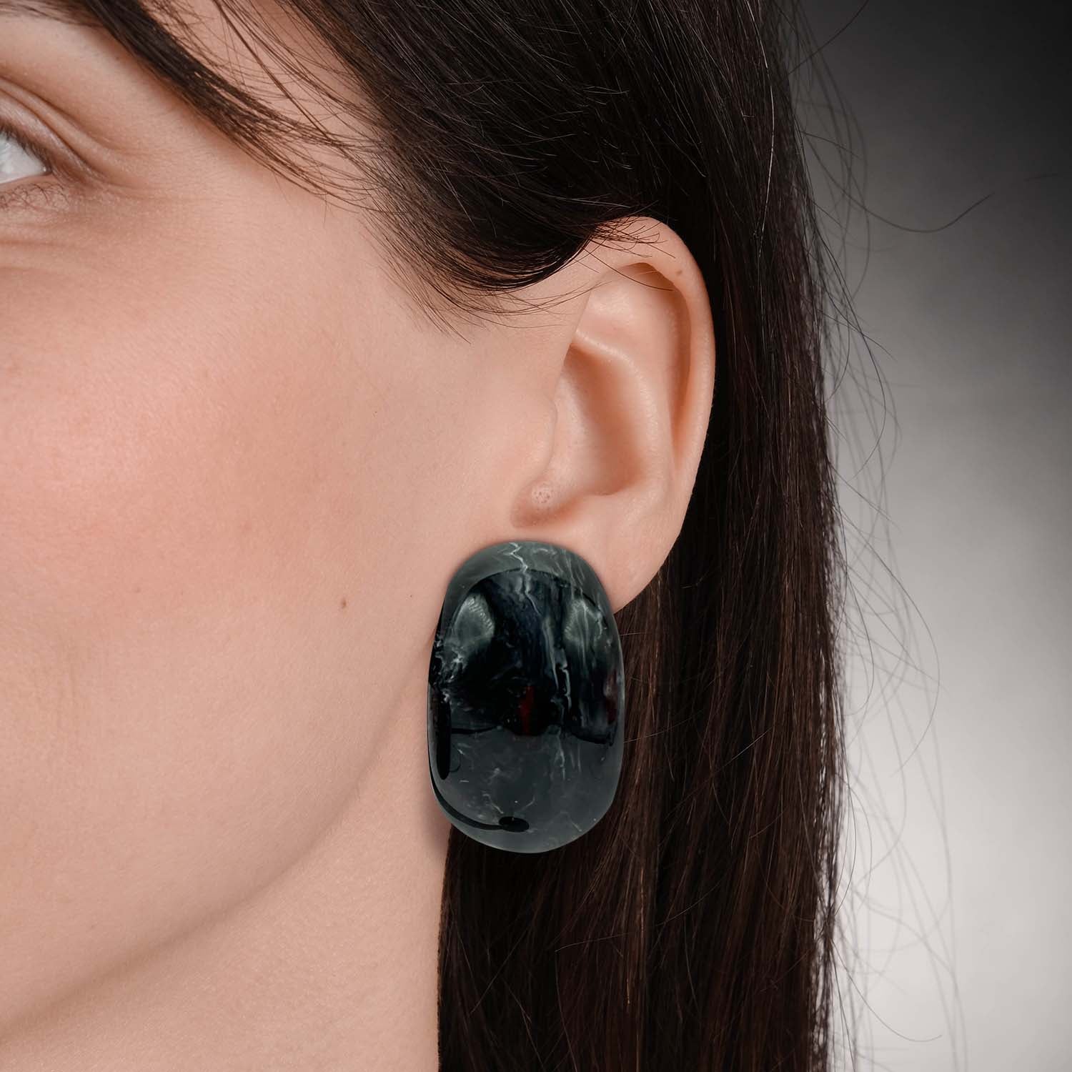 Merrie Black Marbled Resin Clip On Semi Hoop Earrings