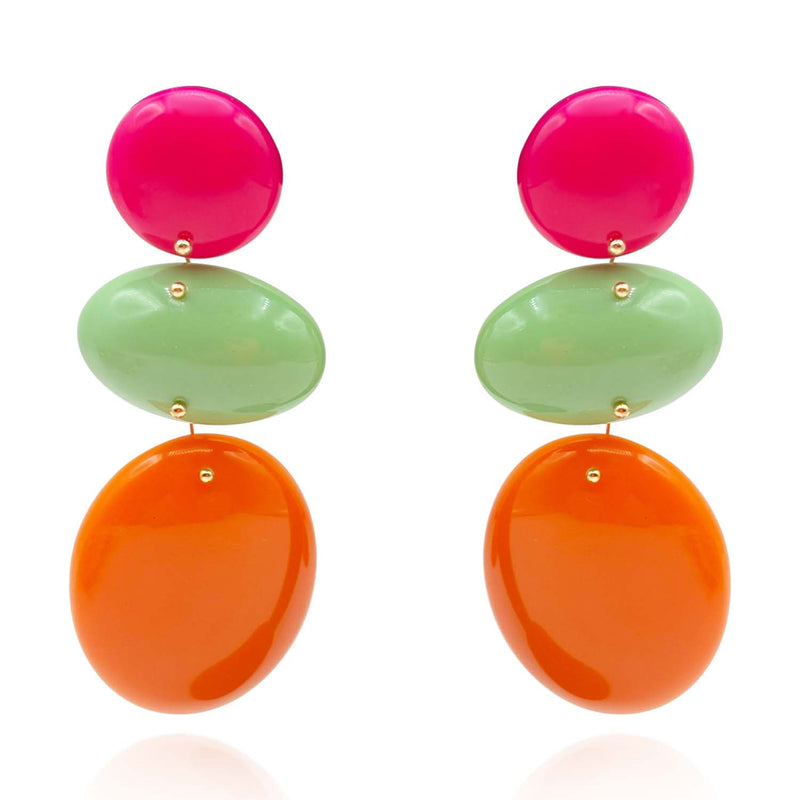 Triple Drop Resin Pink And Green And Orange Drop Earrings