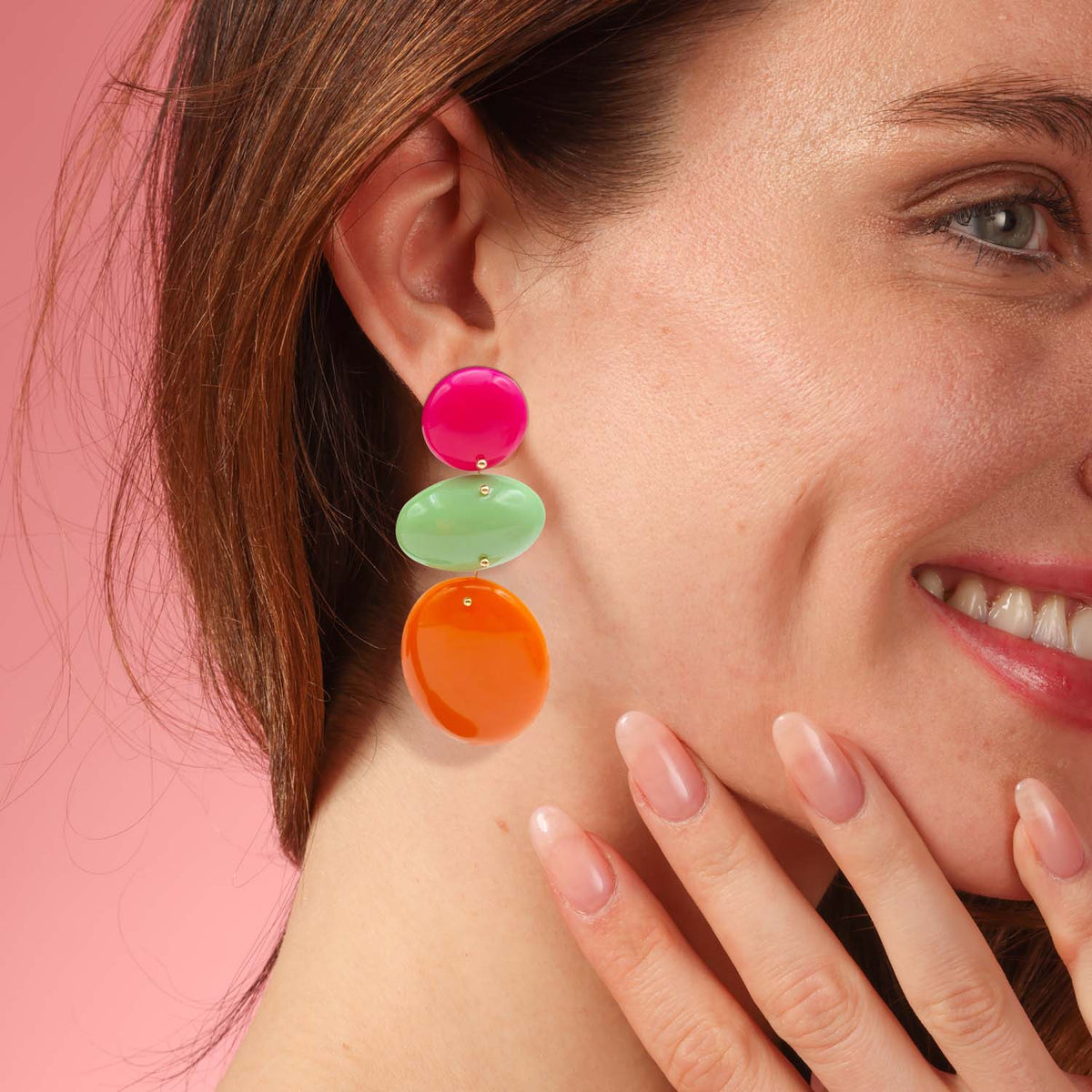 Triple Drop Resin Pink And Green And Orange Drop Earrings