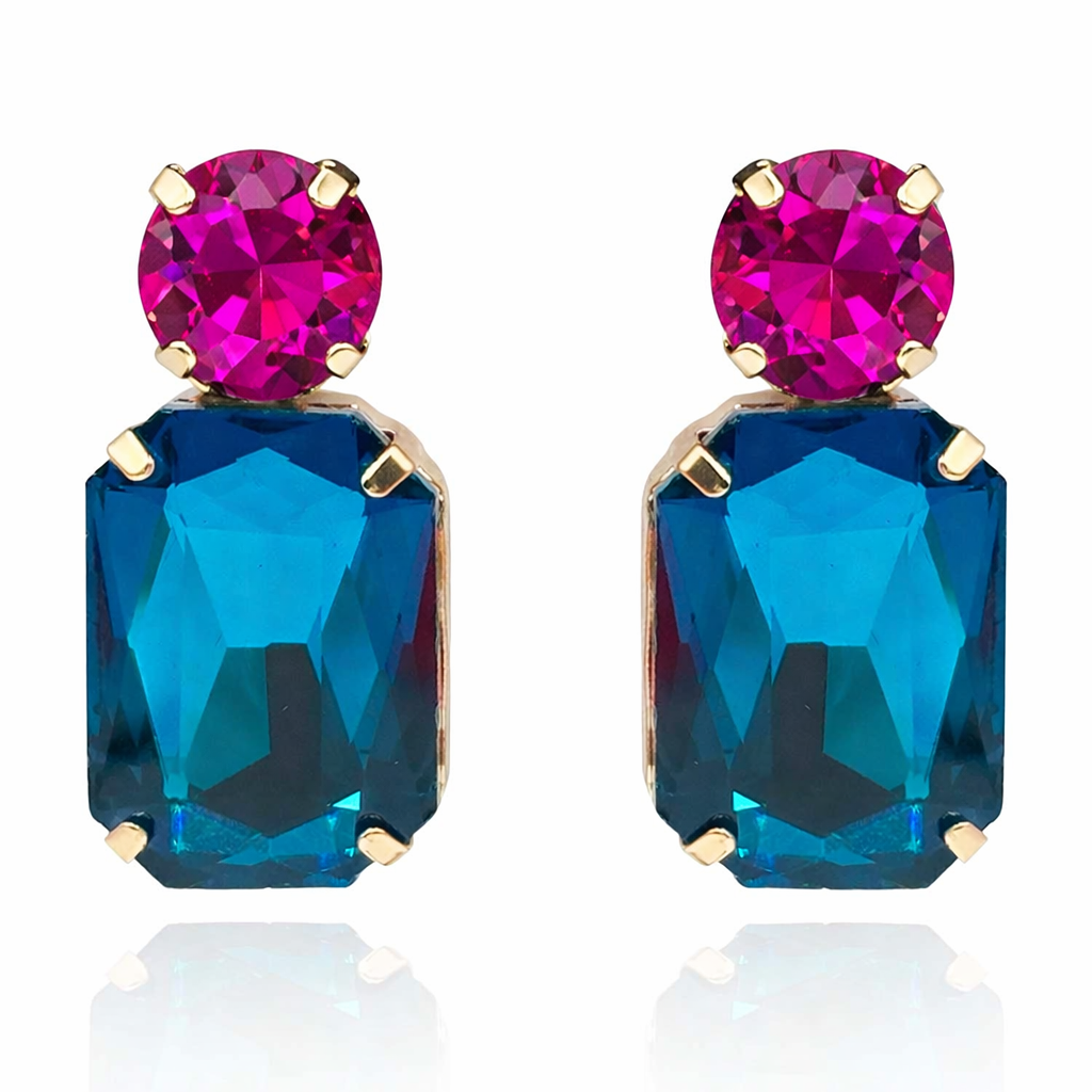 Adelle Peacock Blue Crystal Ocatgon And Fuschia Round Stone Drop Earrings