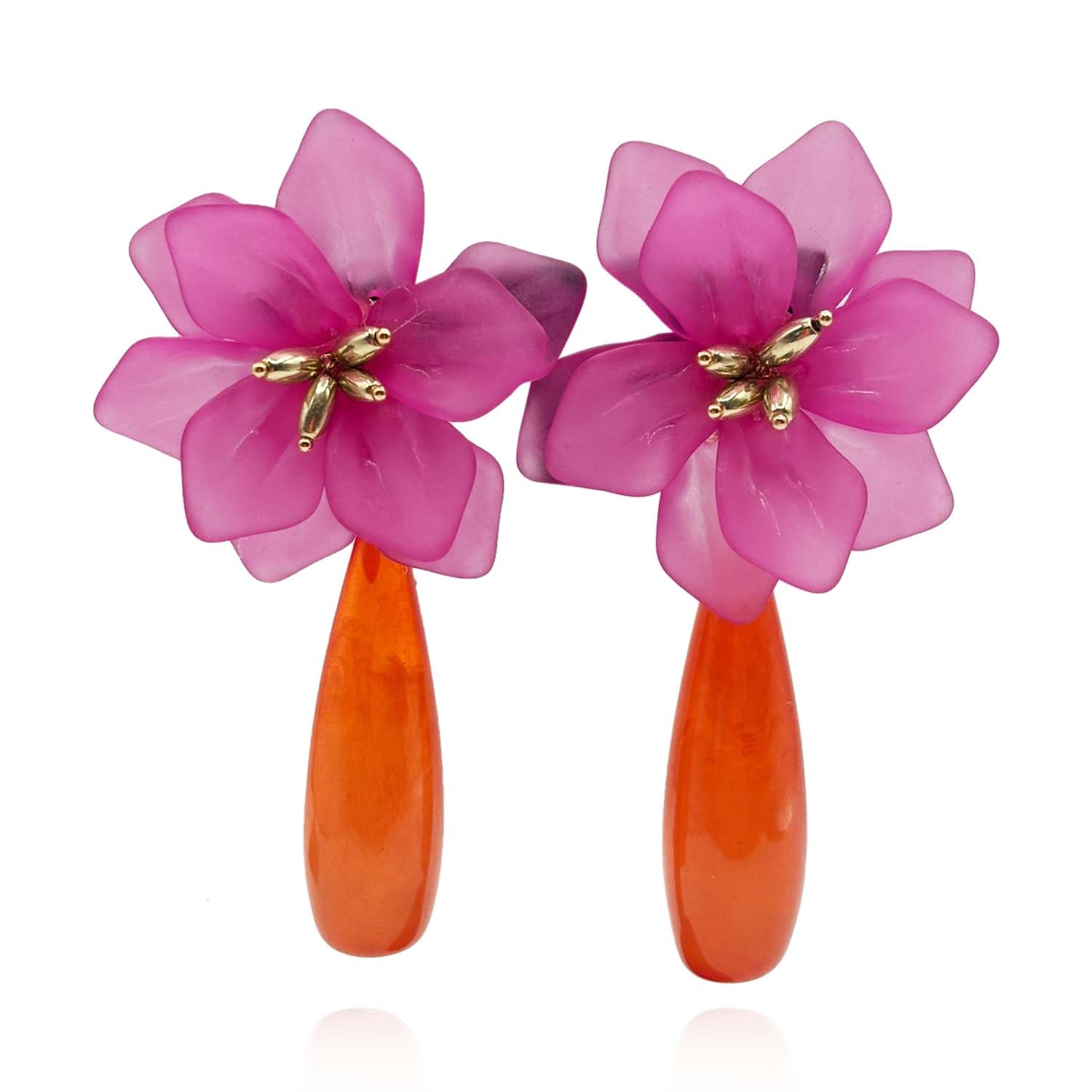 Flora Fuschia Resin Floral Clip On Earring With Orange Drop