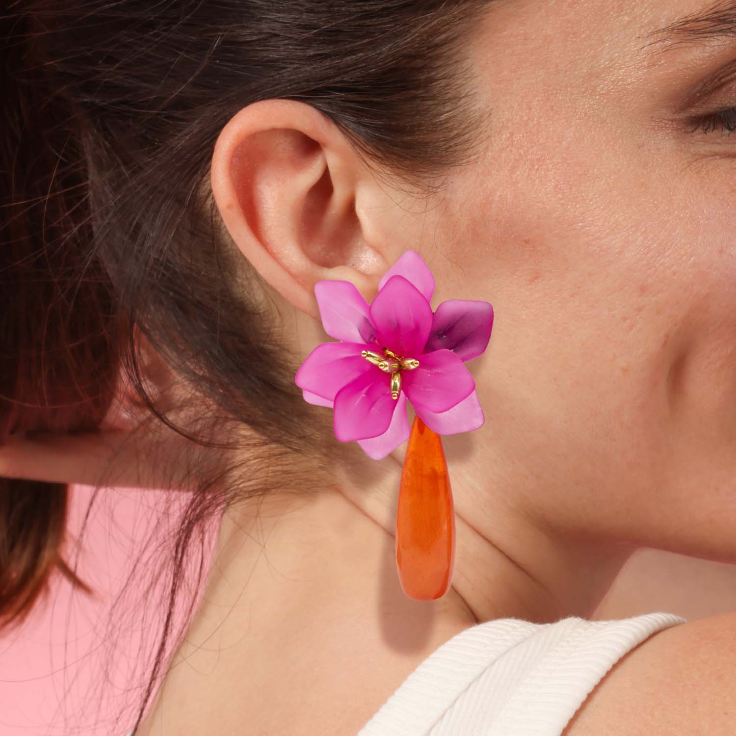 Flora Fuschia Resin Floral Clip On Earring With Orange Drop