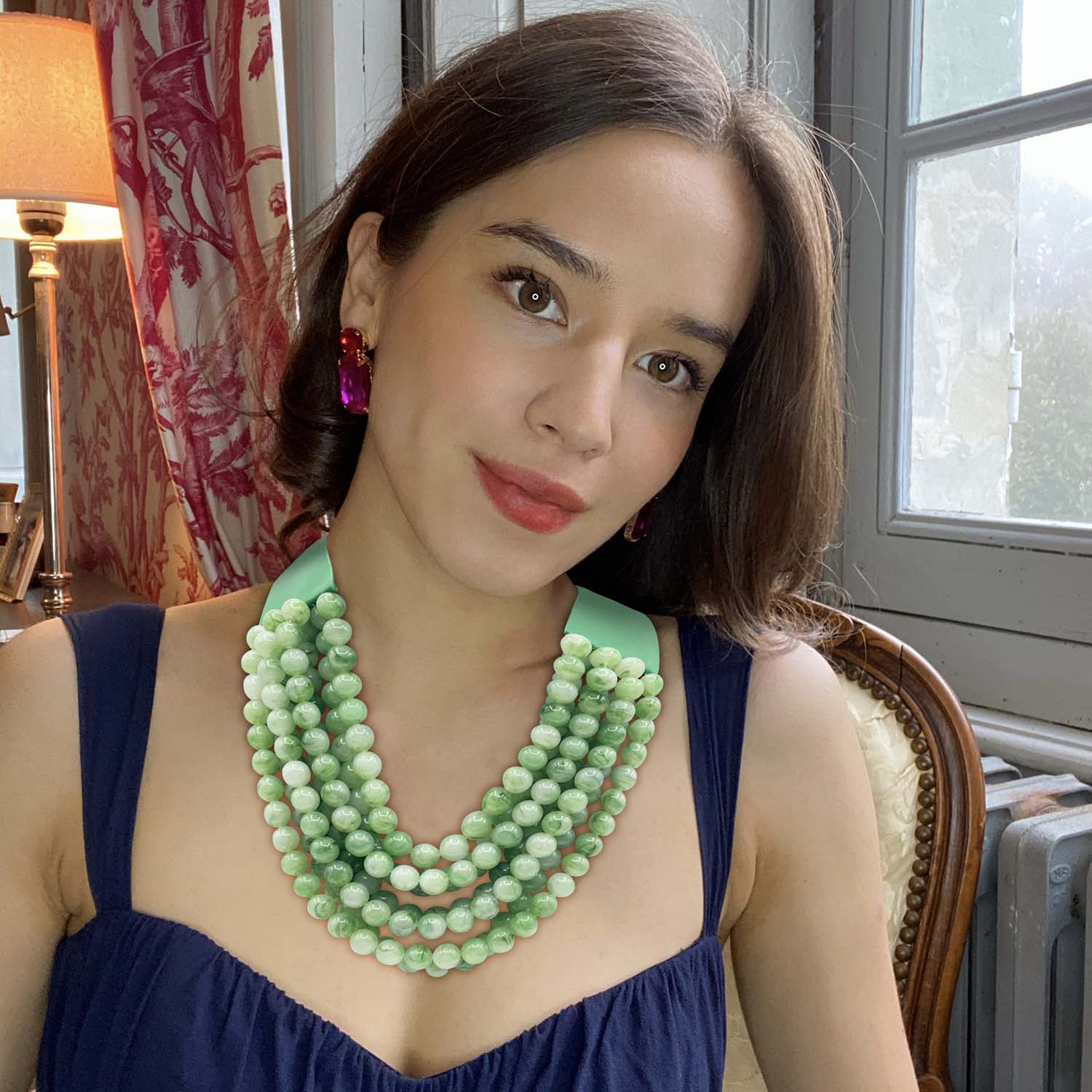 Isadora Multi-Strand Jade Green Resin Necklace With Vegan Adjustable Clasp