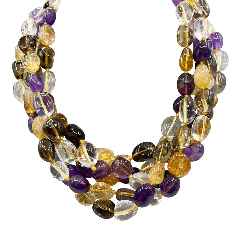 Multi-Strand Toursade Necklace with Amethyst, Citrine, Smoky Quartz, and Rock Crystal Beads