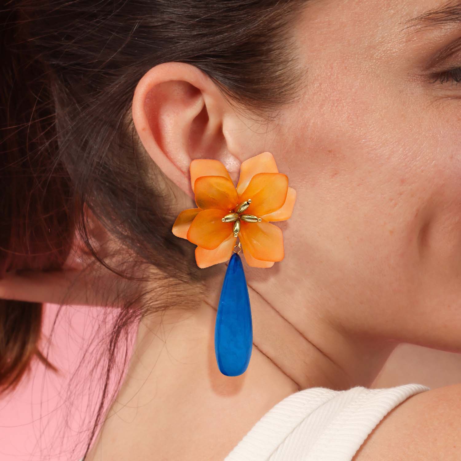 Flora Orange Resin Floral Clip On Earring With Blue Drop