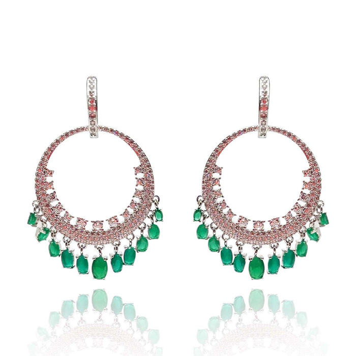 Rhodium Plated Cubic Zirconium Emerald And Diamond Drops