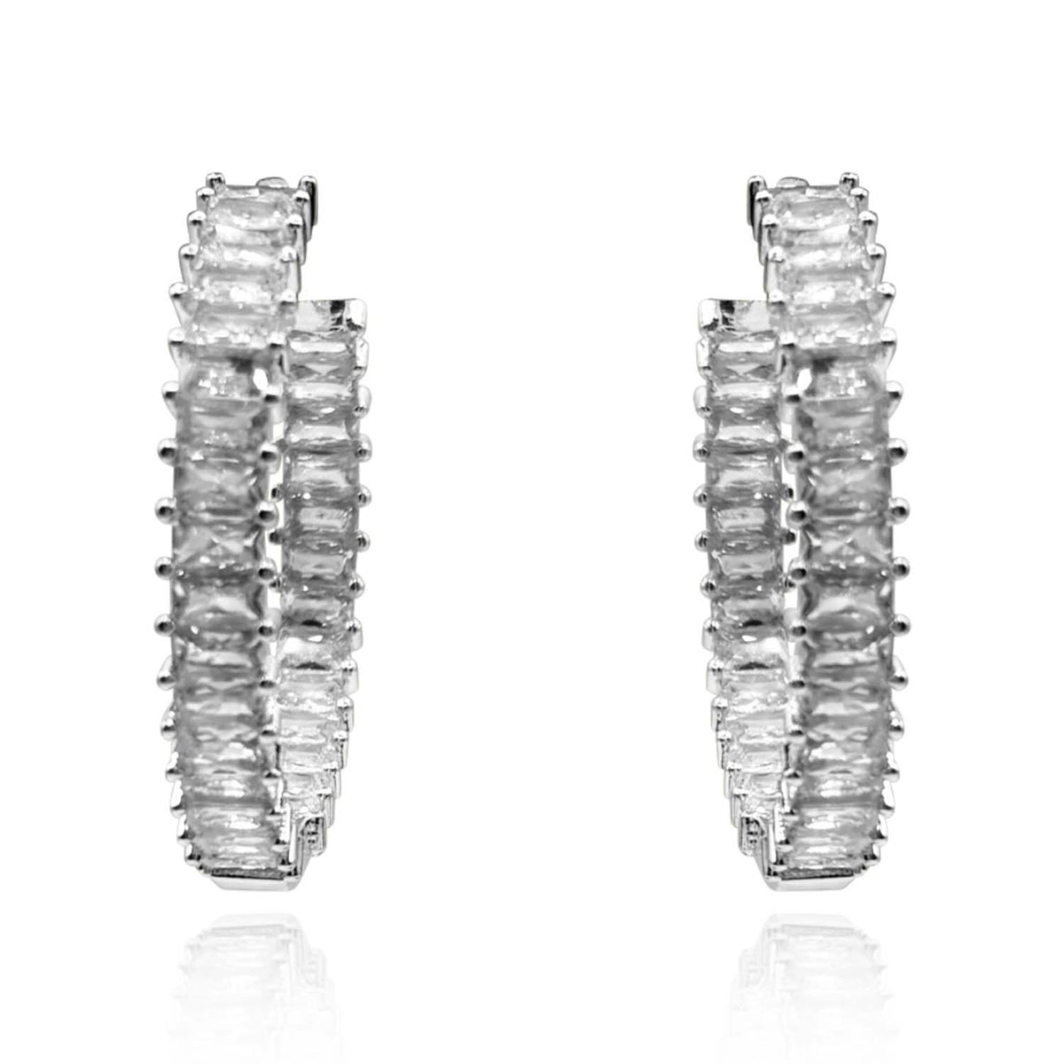 Large Rhodium Plated Baguette Hoop Earrings